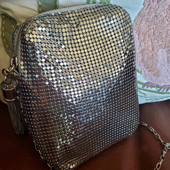 Whiting & Davis Silver Mesh Metal Tassel Crossbody - Picture 5 of 15